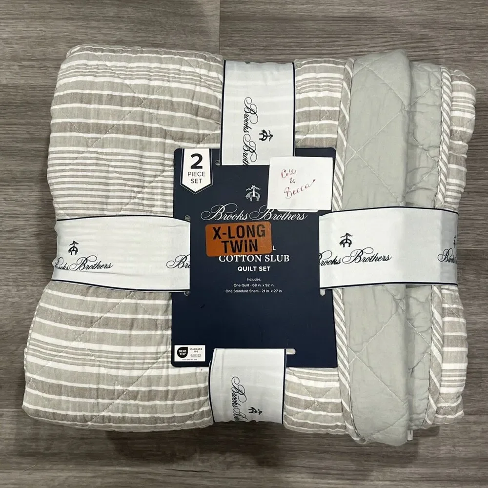 Brooks Brothers Cotton Slub Quilt Sham Set TWIN XL Green Stripes Diamond Stitch